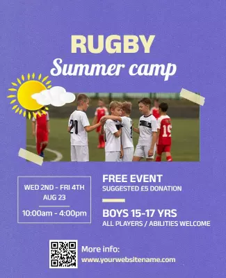 Energetic Blue Rugby Summer Camp for Boys Poster Template