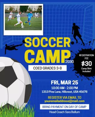 Energetic Blue Soccer Camp for Kids with Action Poster Template