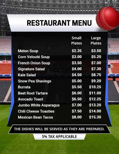Energetic Cricket Game Day Restaurant Menu Template