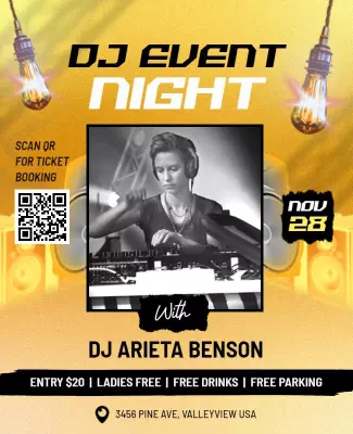 Energetic DJ Event Night with Free Drinks Poster Template