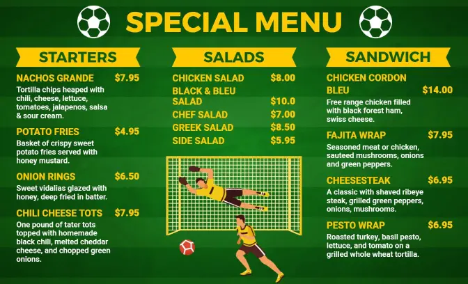 Energetic Green and Yellow Soccer Style Café Menu Template