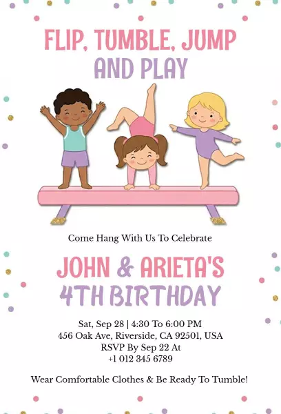 Energetic Gymnastics Fourth Birthday Celebration Invitation Template