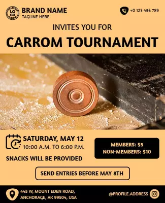 Energetic Orange Carrom Tournament Event Poster Template