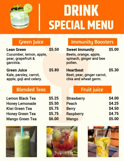 Energetic Orange Drinks and Special Juices Menu Template