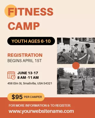 Energetic Orange Kids Fitness Camp Registration Poster Template