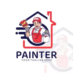 Energetic Painter with Brush and Bucket in Home Concept Logo Template