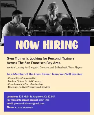 Energetic Purple Gym Trainer Hiring Advertisement Poster Template