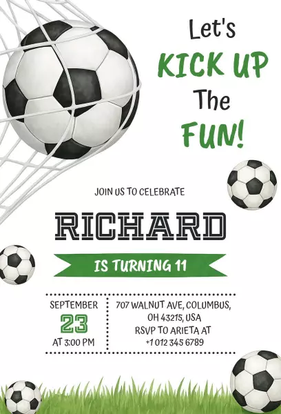 Energetic Soccer Themed Birthday Celebration Invitation Template
