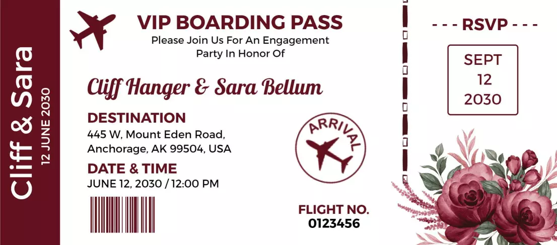 Engagement Party Adventure Themed Boarding Pass Invitation Template