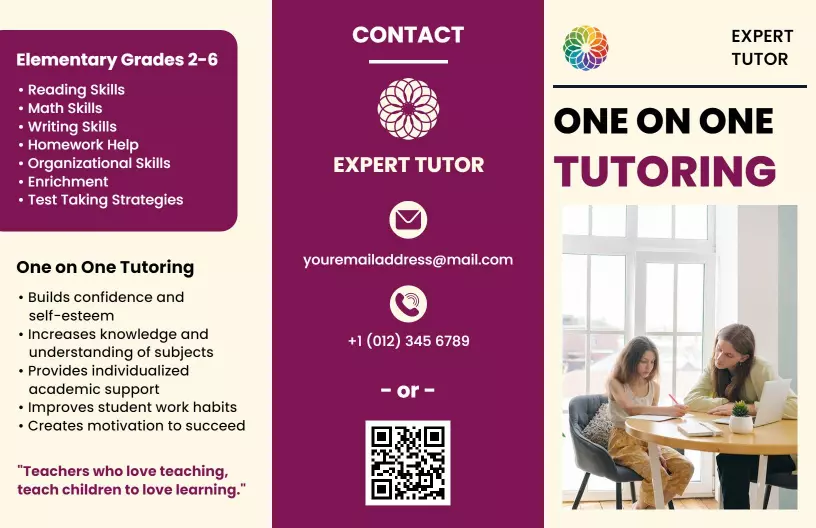 Engaging Purple One-on-One Tutoring Services for Grades 2-6 Brochure Template