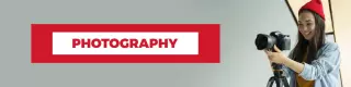 Enthusiastic Photographer with Camera on Grey Background Banner Template