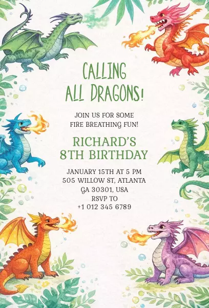Epic Dragon Theme 8th Birthday Celebration Invitation Template