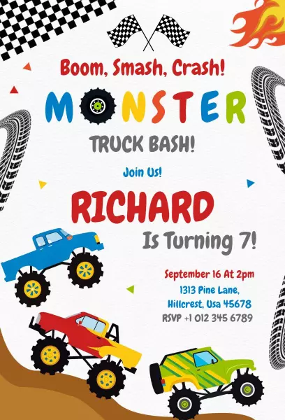 Epic Monster Truck Bash Birthday Party Invitation Template