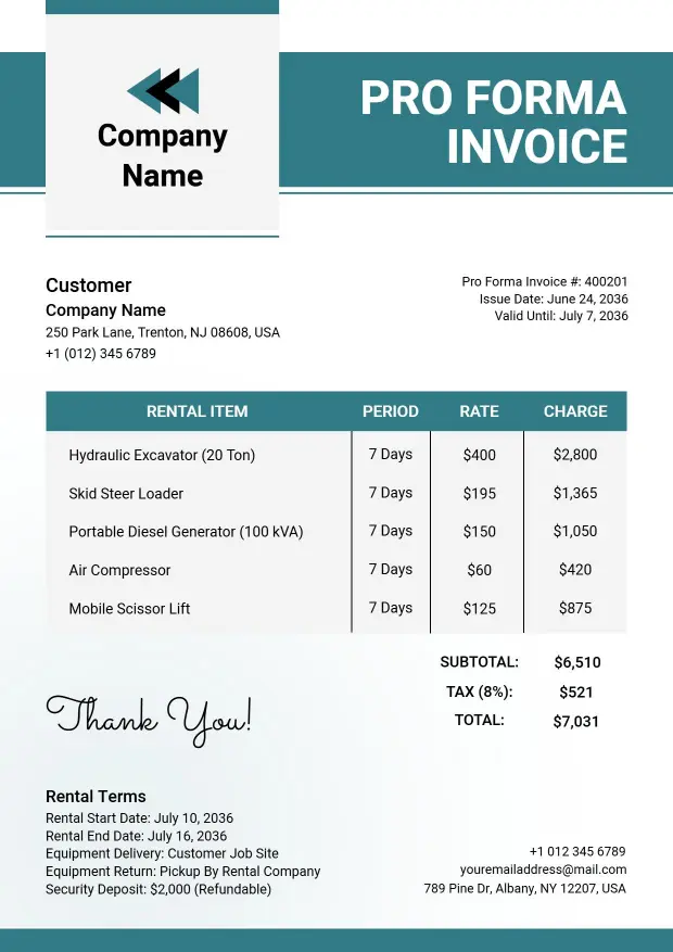 Equipment Rental Proforma Invoice Template