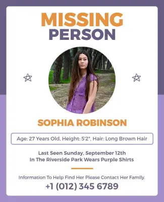 Essential Info Purple Missing Person Alert Poster Template