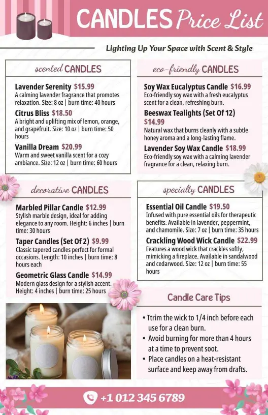 Essential Oil Infused and Aromatic Scented Candles Price List Template