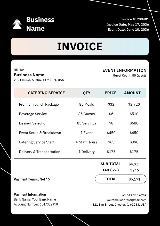 Event Catering Business Service Cost Invoice Template