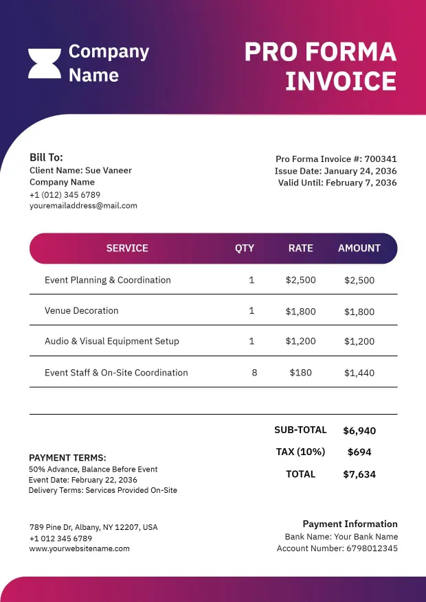 Event Coordination Service Charges Proforma Invoice Template