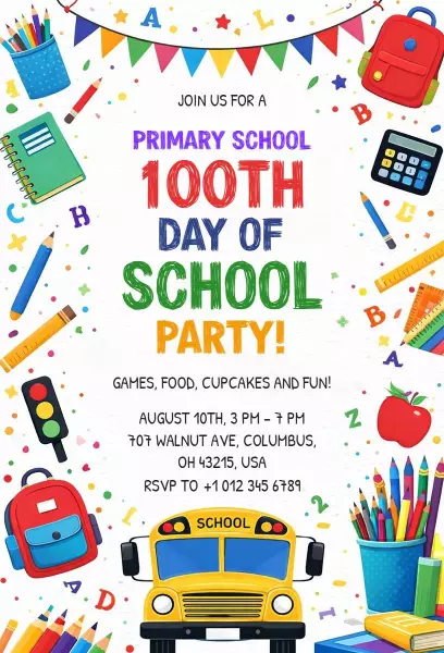Exciting 100th Day of School Celebration Party Invitation Template