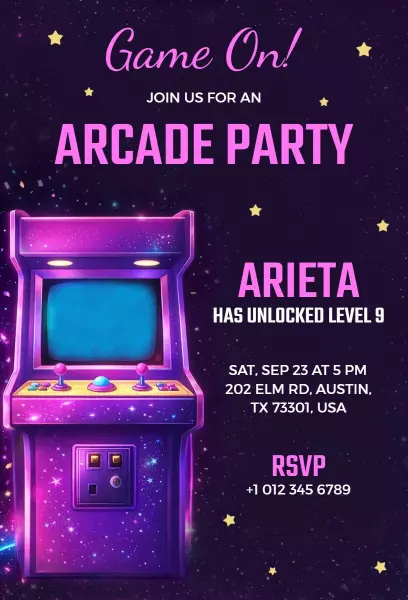 Exciting Arcade Game Theme Birthday Celebration Invitation Template