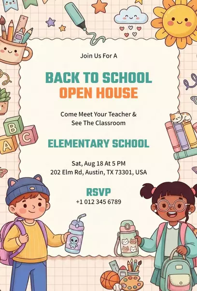 Exciting Back To School Open House Elementary Invitation Template