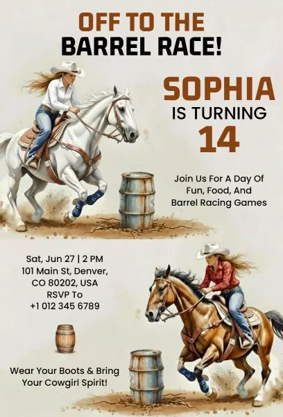 Exciting Barrel Race Horse Birthday Celebration Invitation Template