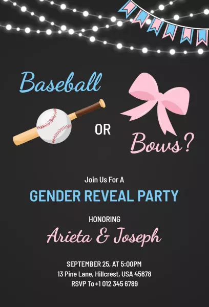 Exciting Baseball or Bows Gender Reveal Party Invitation Template