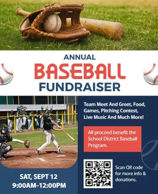 Exciting Blue Community Baseball Fundraiser Event Flyer Template