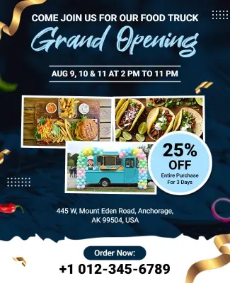 Exciting Blue Food Truck Celebration Opening Flyer Template