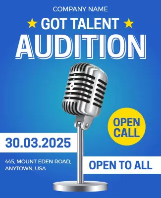 Exciting Blue Talent Audition Call with Microphone Poster Template