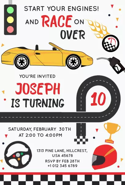 Exciting Cars Race Theme Birthday Celebration Invitation Template