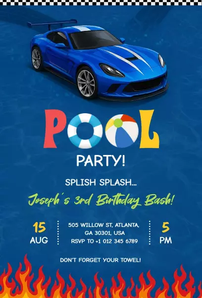 Exciting Cars Themed Pool Party Birthday Invitation Template