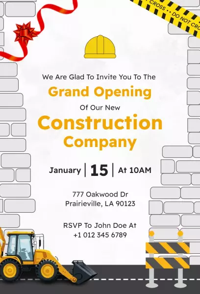 Exciting Construction Company Grand Opening Invitation Template