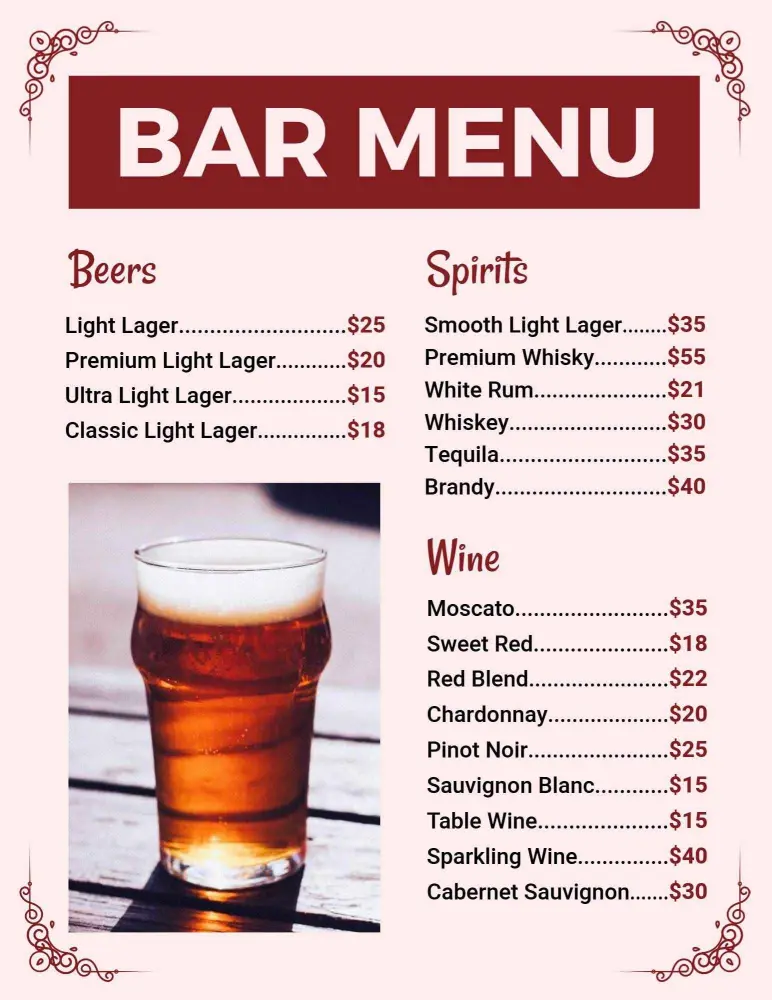 Exciting Craft Beers and Premium Spirits Selection Bar Menu Template