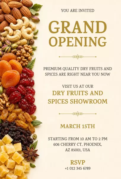 Exciting Dry Fruits Spices Showroom Grand Opening Invitation Template