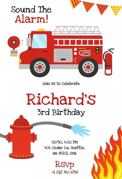 Exciting Fire Truck Theme Birthday Celebration Invitation Template