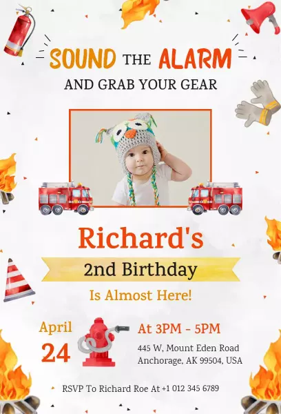 Exciting Fire Truck Theme Fun Birthday Celebration Invitation Template