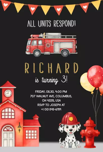 Exciting Fire Truck Themed Kids Birthday Celebration Invitation Template