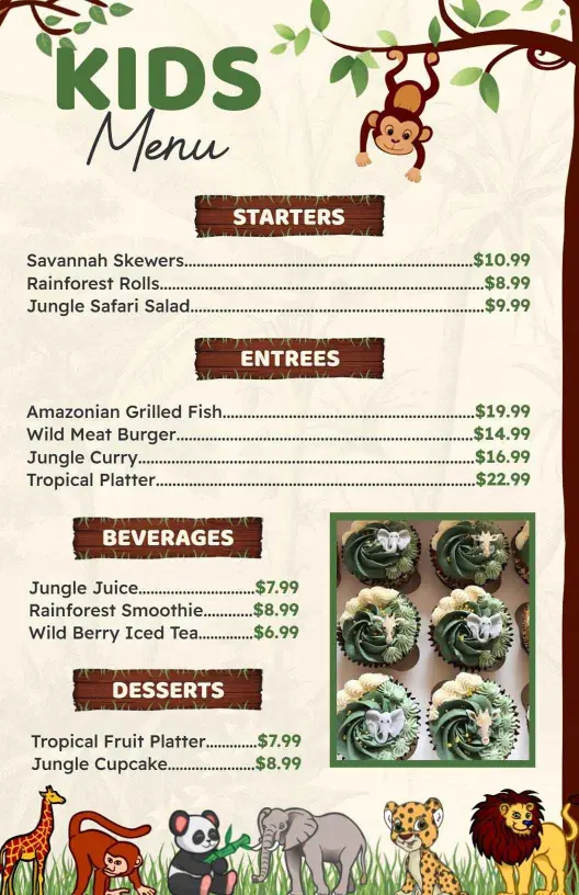 Exciting Jungle Animal-Themed Dishes for Young Diners Kids Menu Template