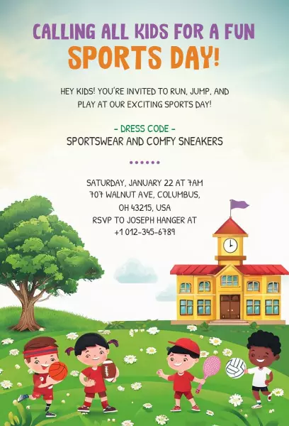 Exciting Kids Sports Day Celebration Invitation Template