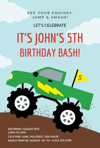 Exciting Monster Truck Adventure Birthday Celebration Invitation Template