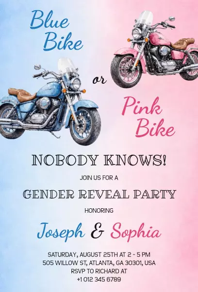 Exciting Motorbike Blue Pink Gender Reveal Party Invitation Template