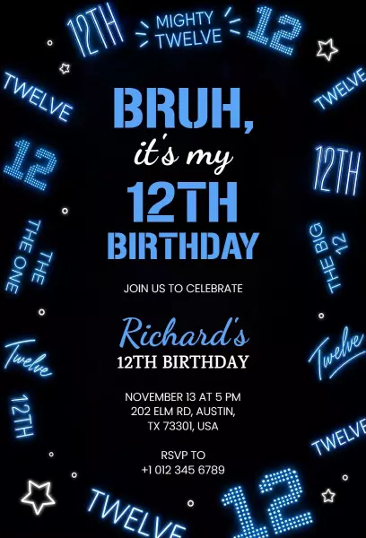 Exciting Neon Lights 12th Birthday Celebration Invitation Template