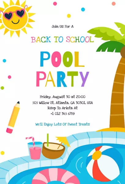 Exciting Pool Party Back To School Celebration Invitation Template
