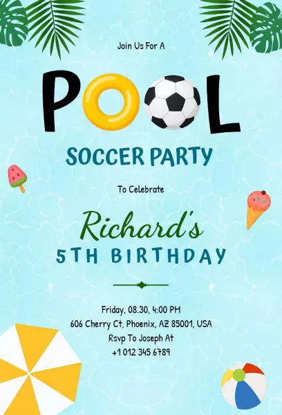 Exciting Pool Soccer Birthday Celebration Invitation Template
