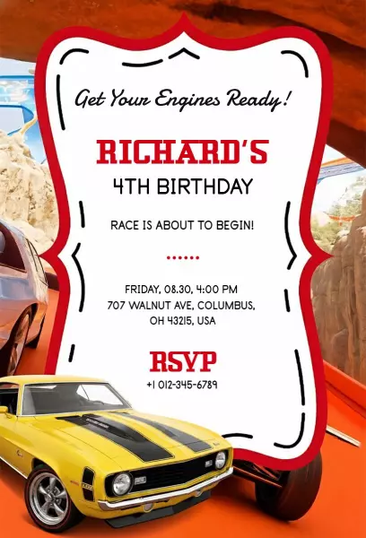 Exciting Race Car Theme Kids Birthday Celebration Invitation Template