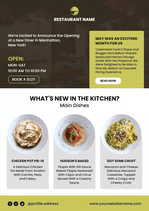 Exciting Restaurant New Diner Opening Announcement Newsletter Template