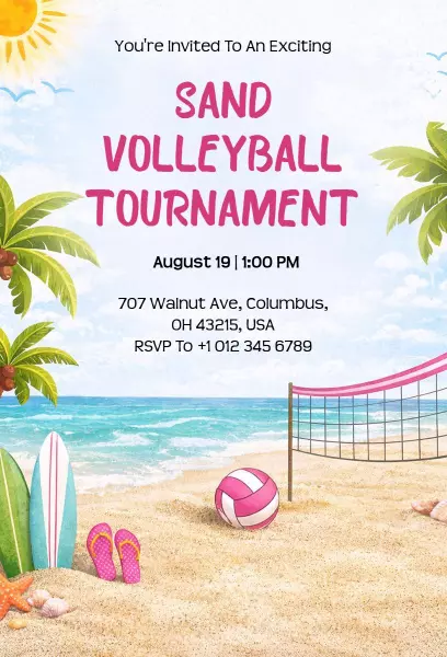 Exciting Sand Volleyball Tournament Sports Invitation Template