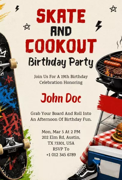 Exciting Skate and Cookout Birthday Party Invitation Template