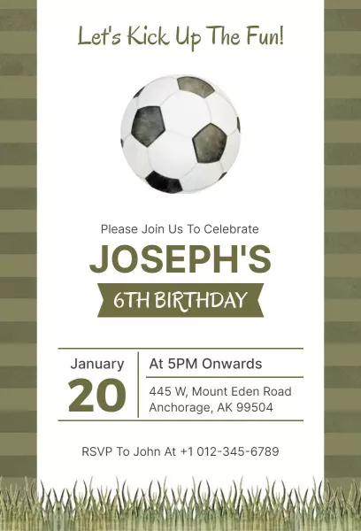 Exciting Soccer Theme 6th Birthday Celebration Invitation Template